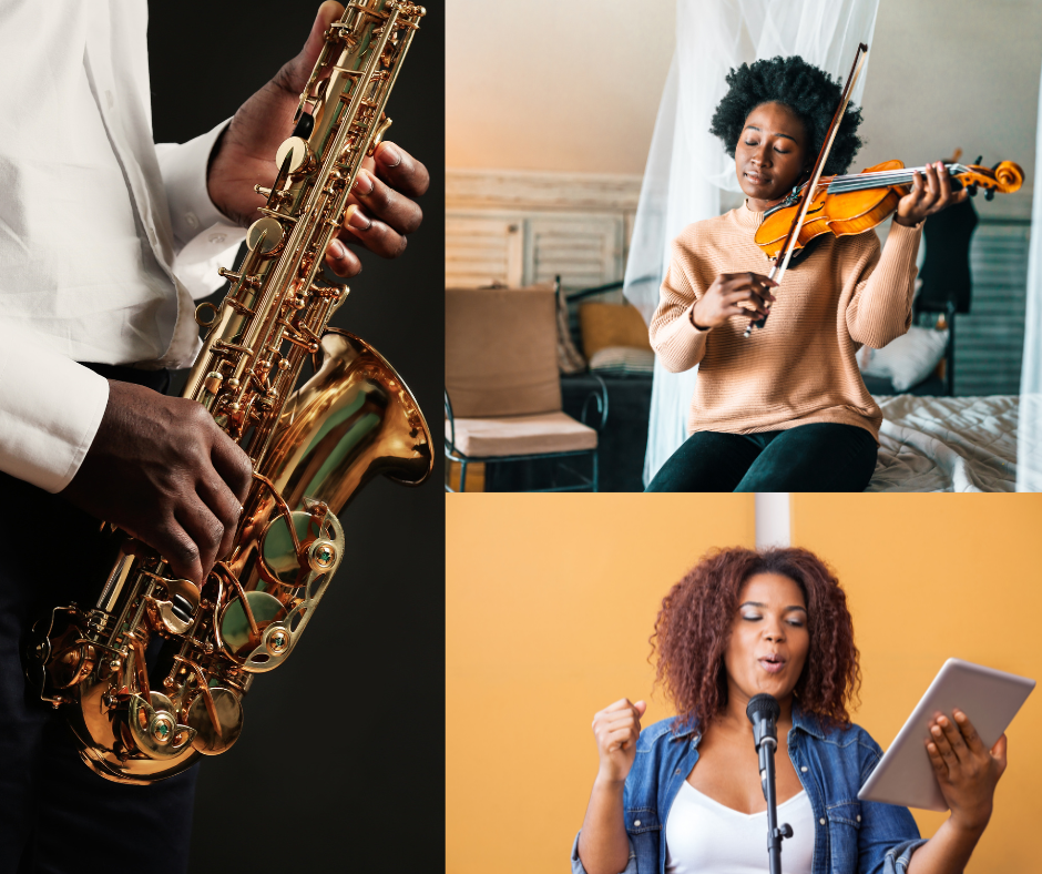 Collage of photos with African Americans playing instruments and singing.
