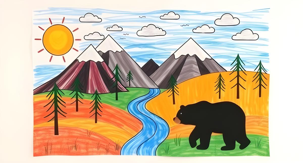 Mural of mountains, sun, trees, river an bear AI