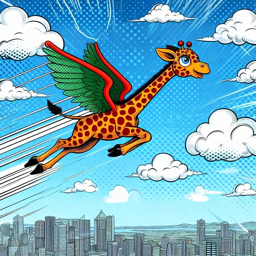 Comic book style illustration of a flying giraffe