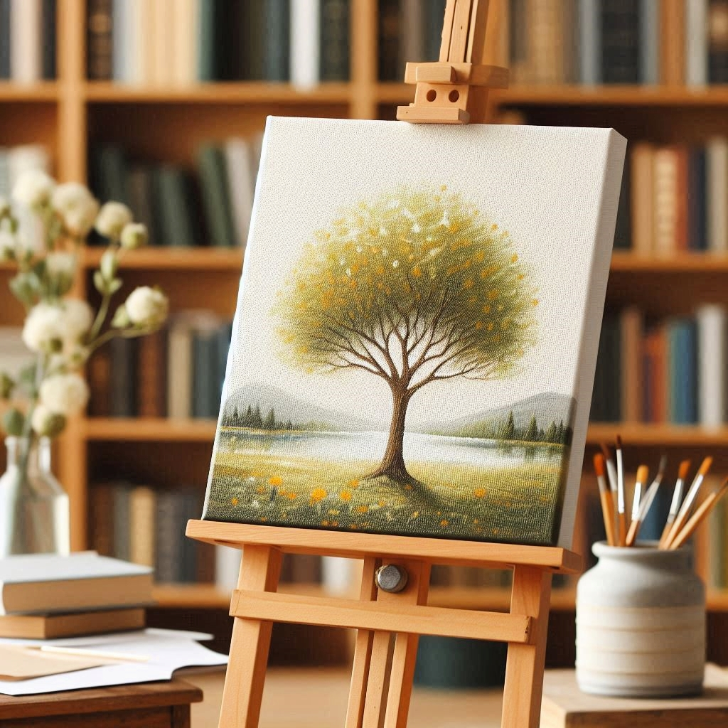 AI A canvas with a simple oil painting of a tree on an easel with bookshelves in the background.