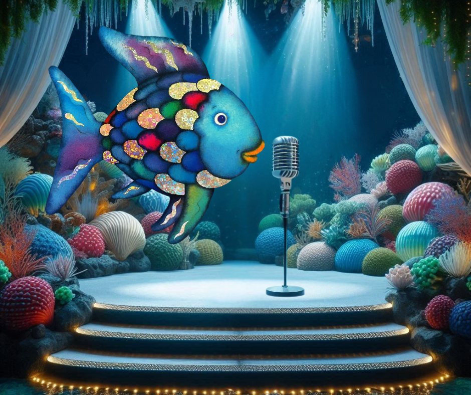 Rainbow Fish on an underwater stage.