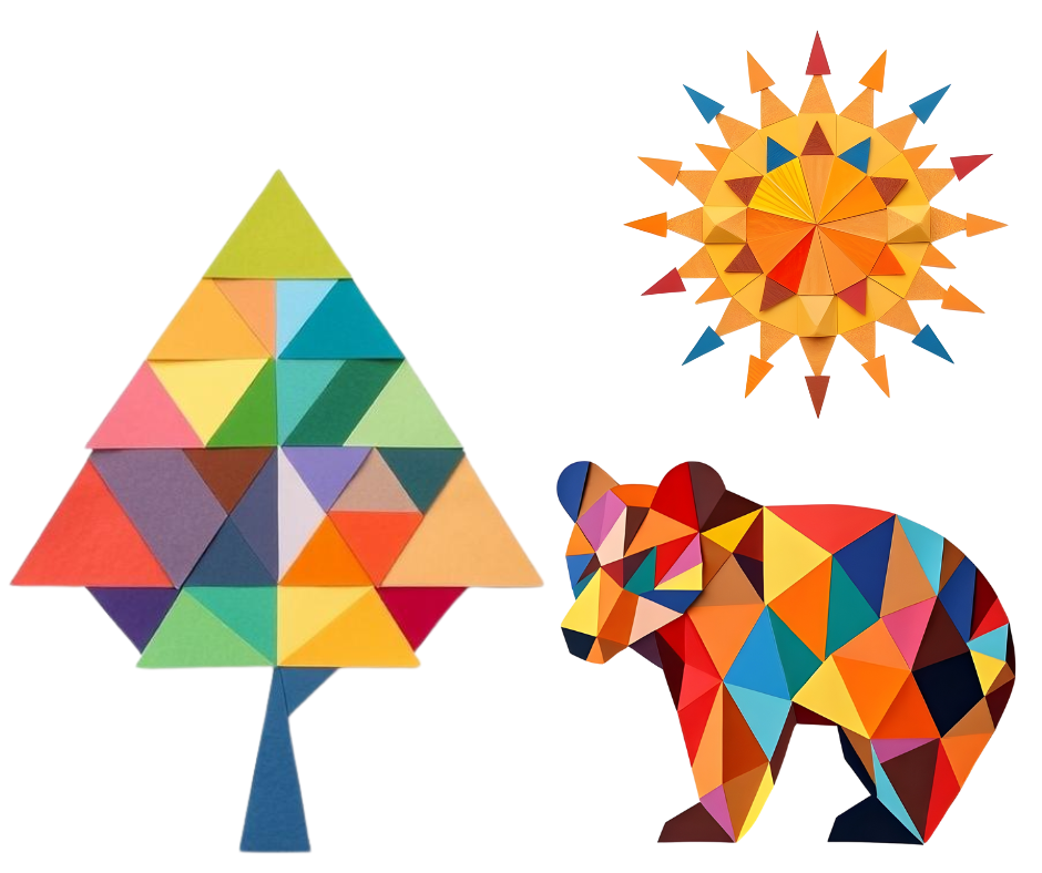 AI Construction paper mosaics of a sun, a tree, and a bear.