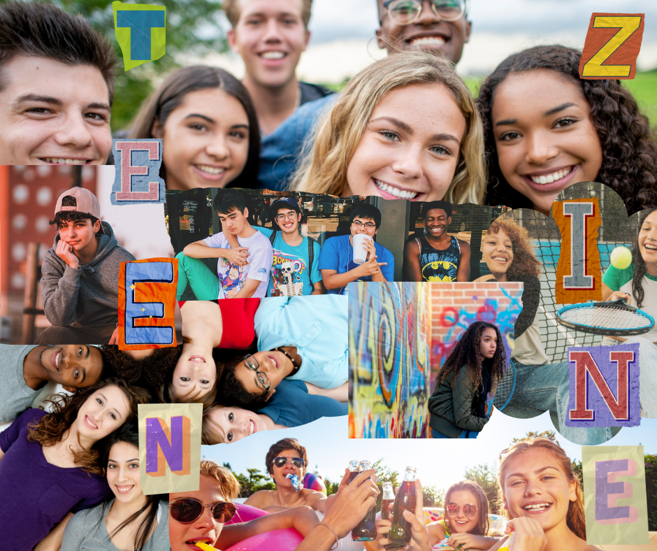 Collage of photos of teens with cut out letters spelling out Teen Zine.