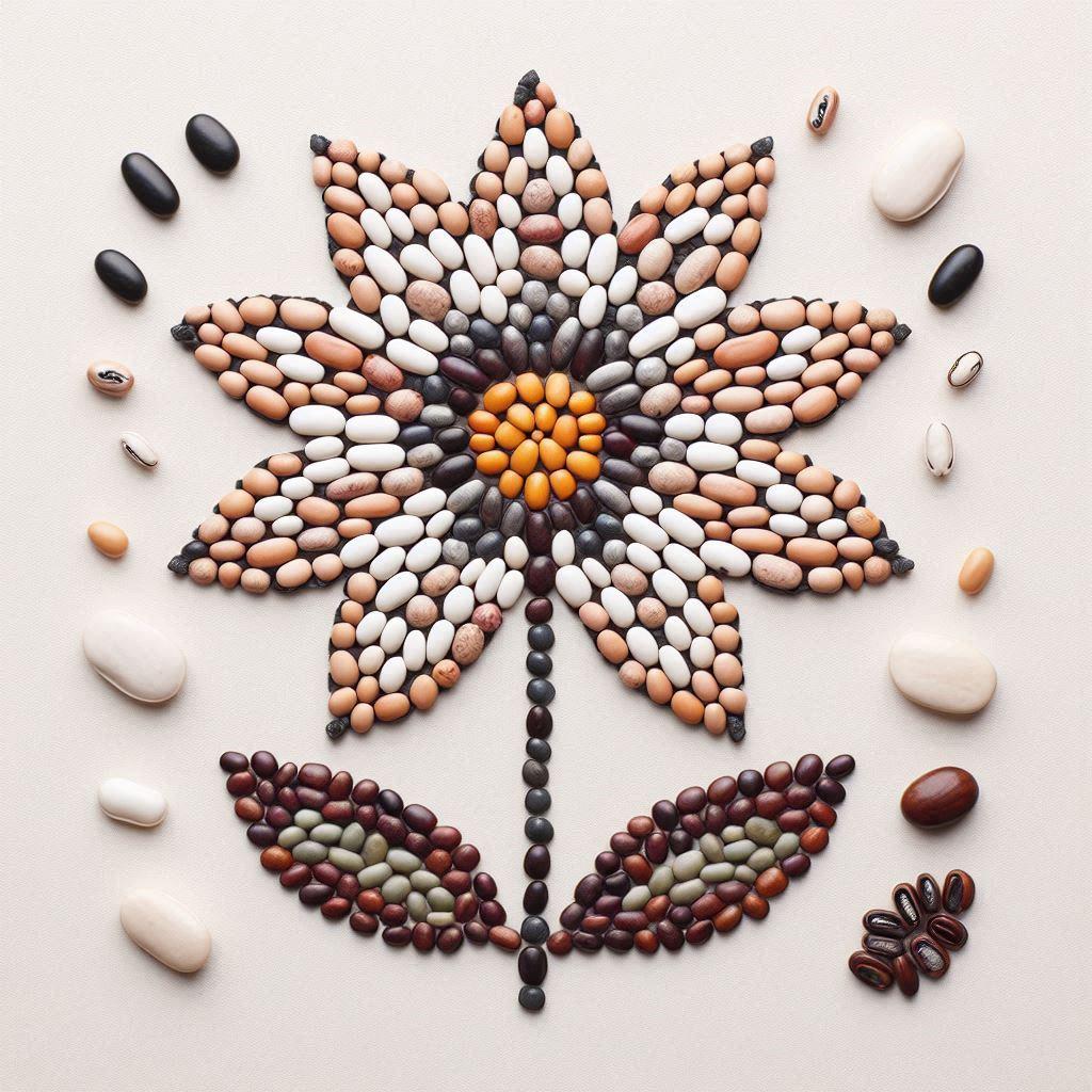 mosaic style picture of a simple flower made using seeds and dry beans ai