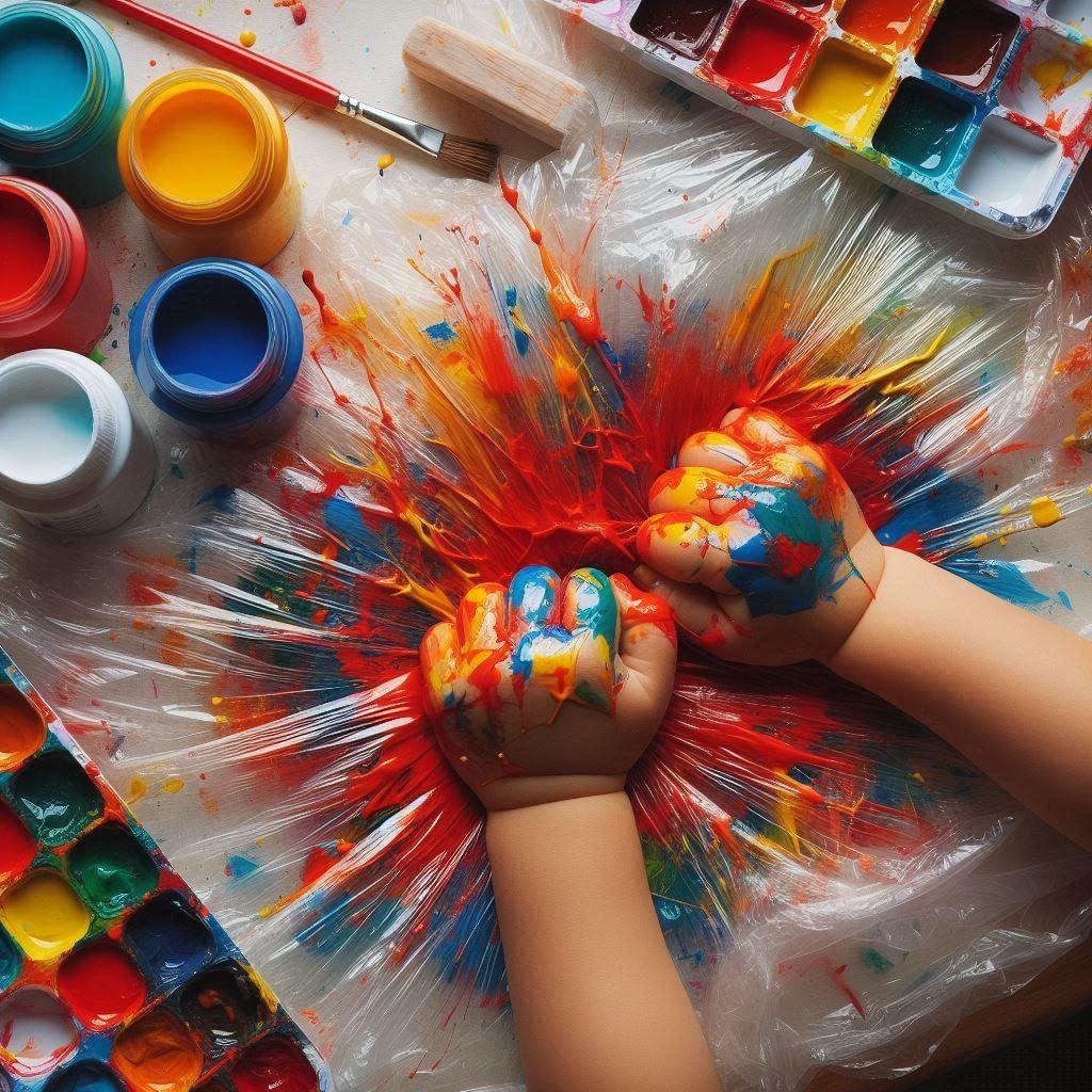 AI photo of small child's hands smashing bright paint onto clear plastic wrap.
