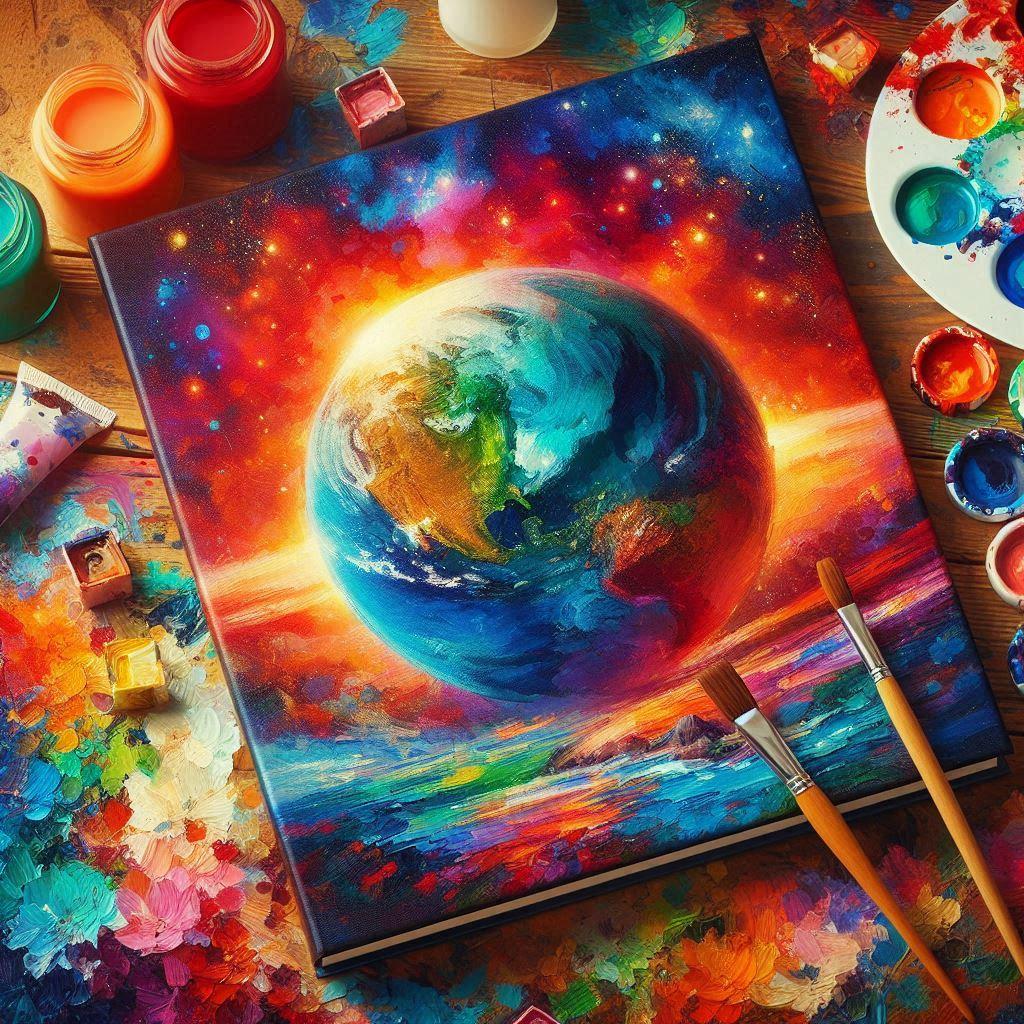 AI Vibrant painting of the earth, a paint palette and a paintbrush on the cover of a book.