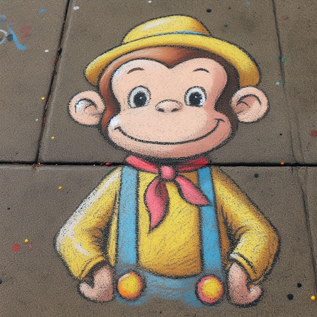 Sidewalk chalk drawing of Curious George.