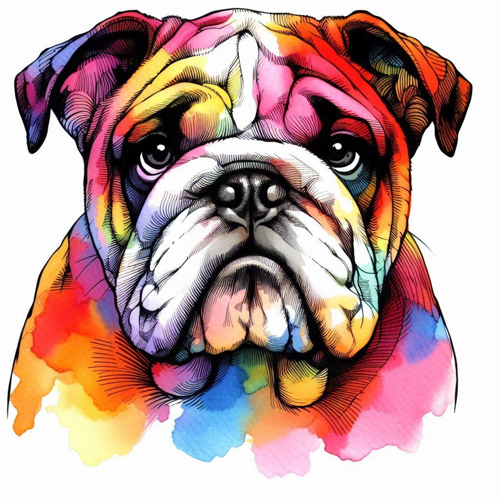 AI Black outlined brightly colored watercolor painting of a bulldog.