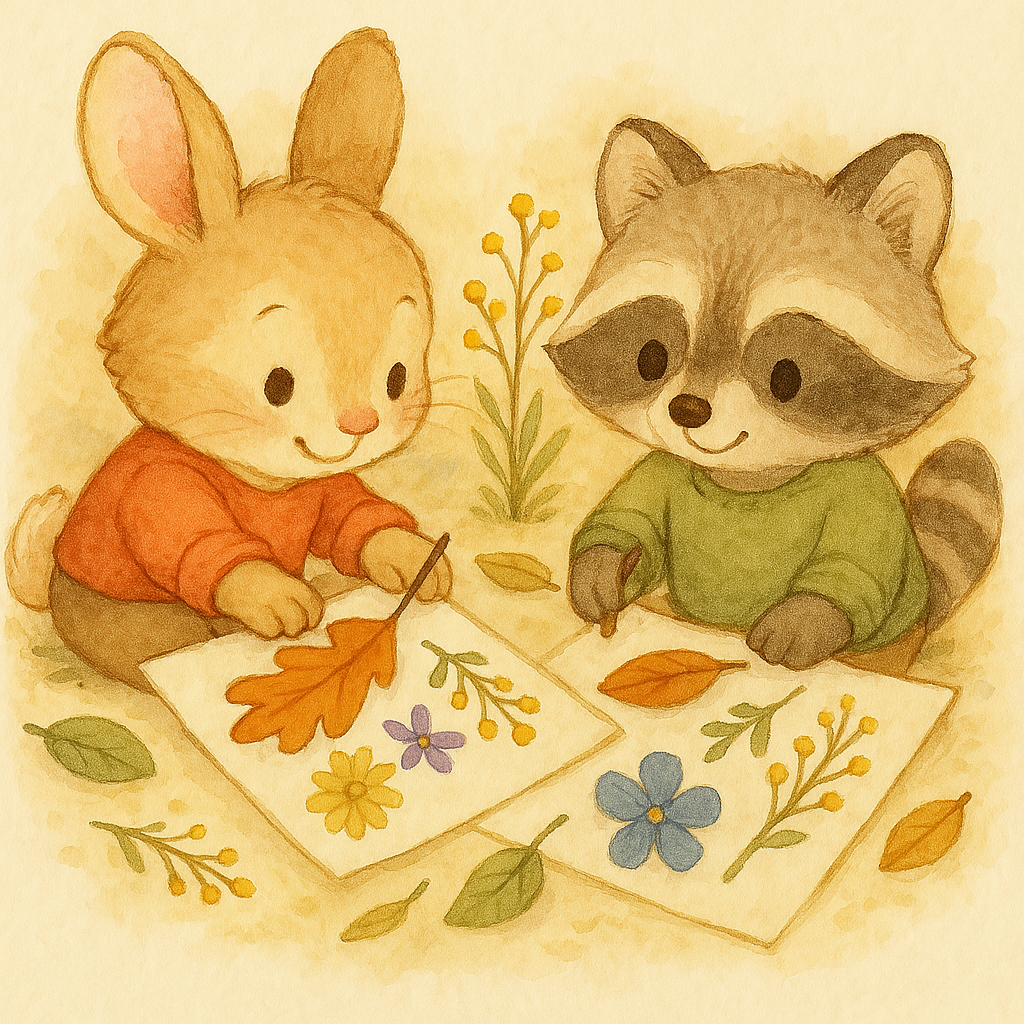 Illustration of young Forest animals making pictures with leaves and flowers.