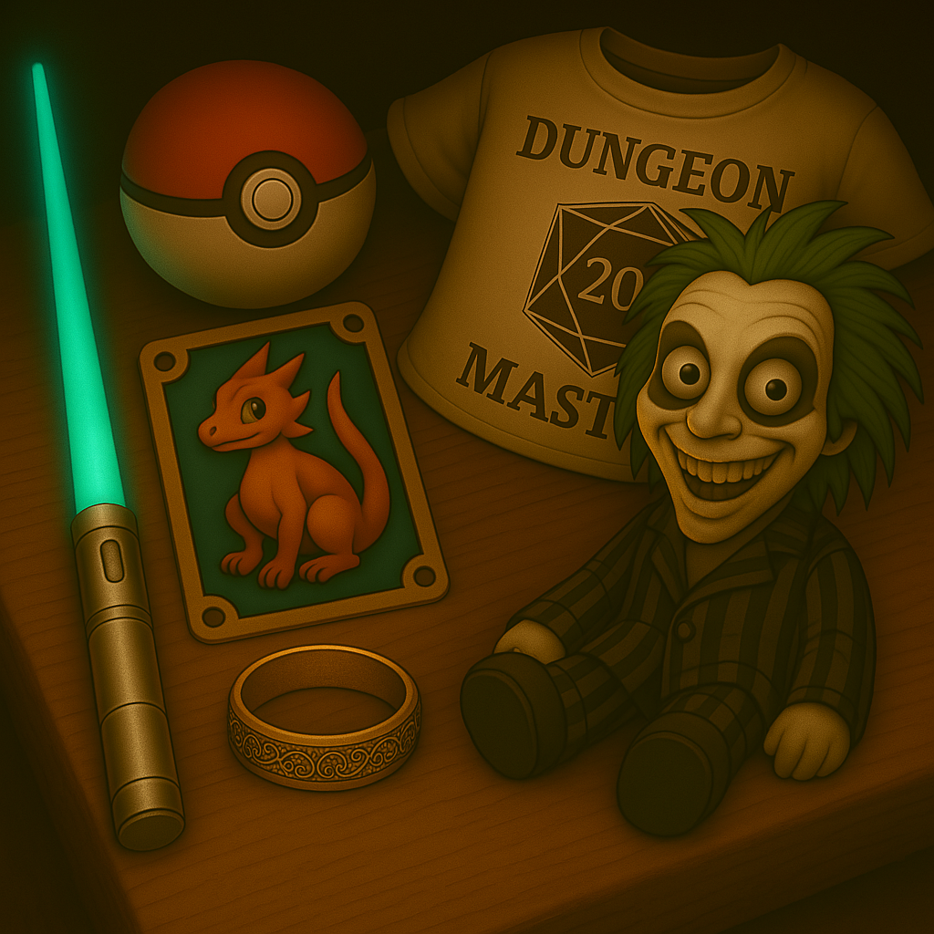 Cartoon illustration of a random assortment of fandom objects.
