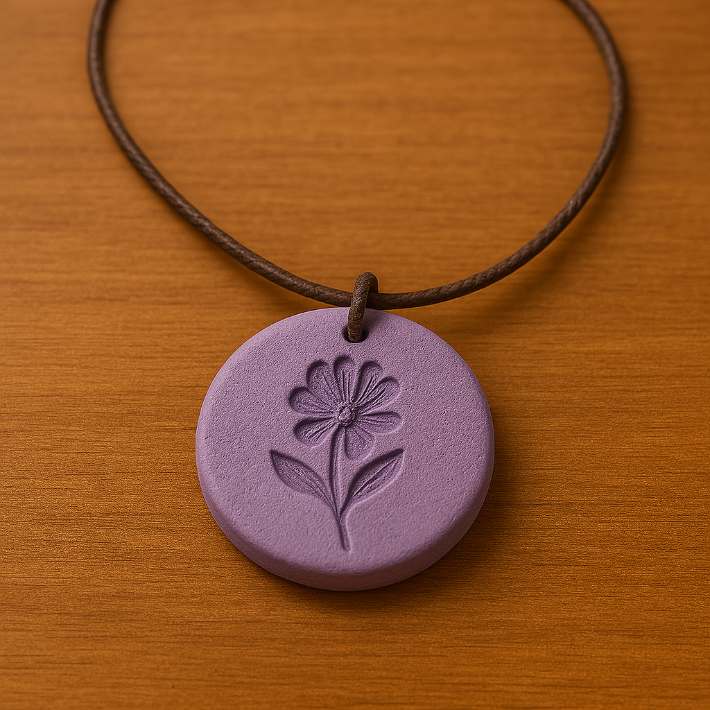 Lavendar circular clay pendant on a cord necklace with the imprint of a flower in the clay.