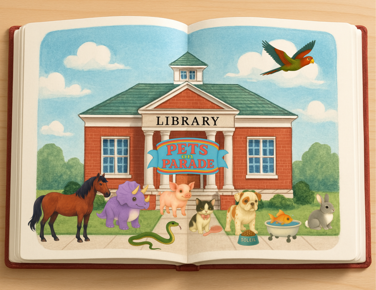 Pets on Parade in front of a library.