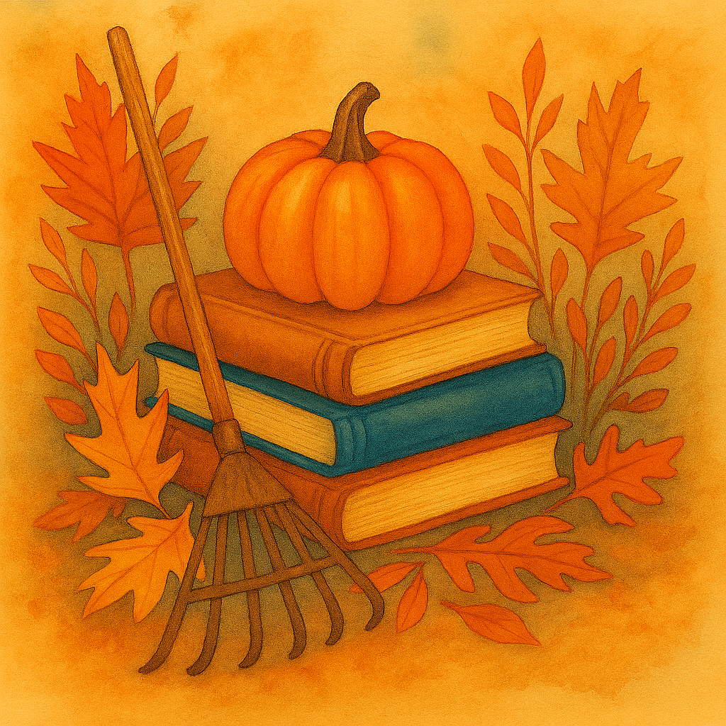 AI watercolor of a pumpkin sitting on top of three books surrounded by leaves and a rake.