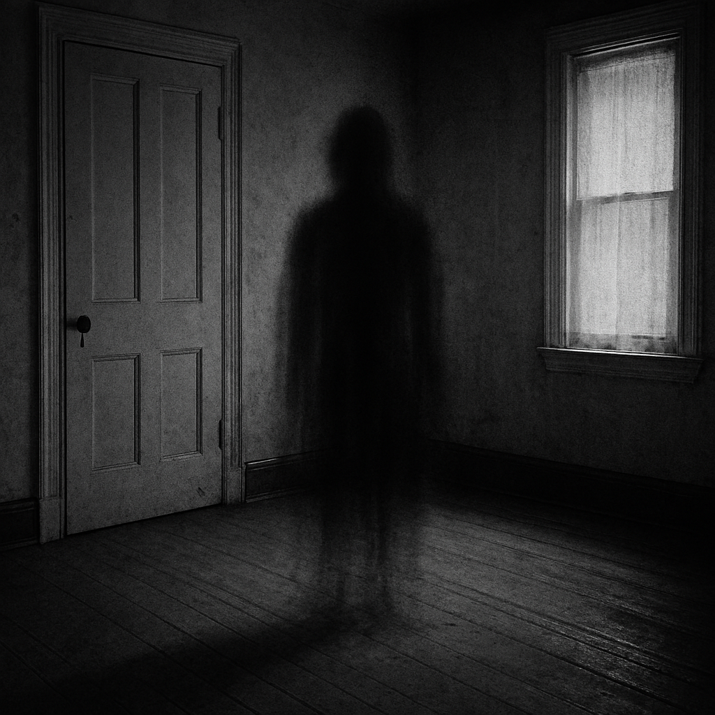 Black and white photo showing a ghostly spirit shadow in a room.  AI