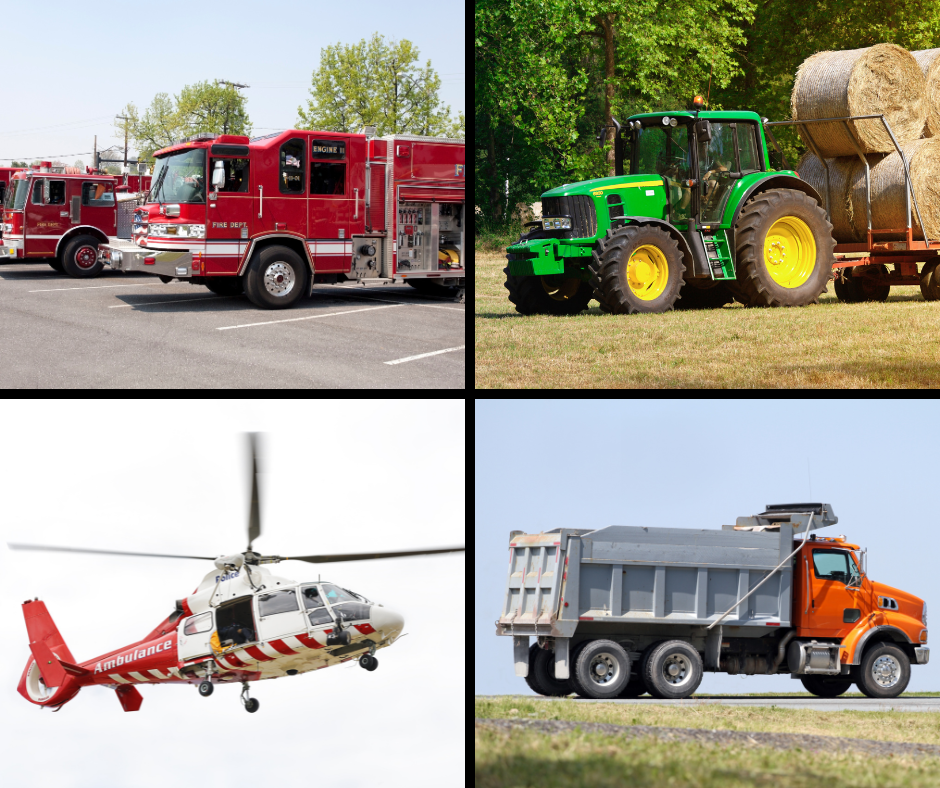 Collage of photos: Fire Engine, Tractor, Helicopter, Dump Truck