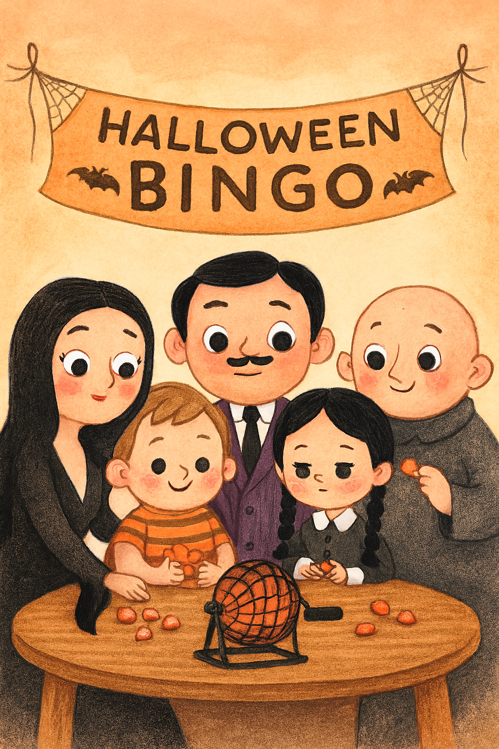 AI illustration of the Adams Family at a Halloween BINGO Event
