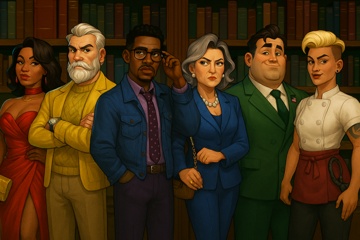 Clue characters standing in front of a bookshelf.