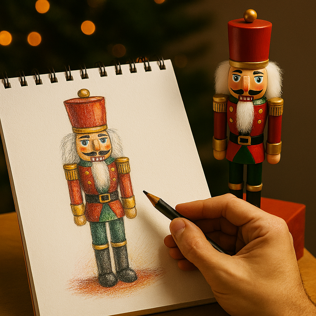 Photorealistic image of a hand sketching a still life image of a Christmas Nutcracker.