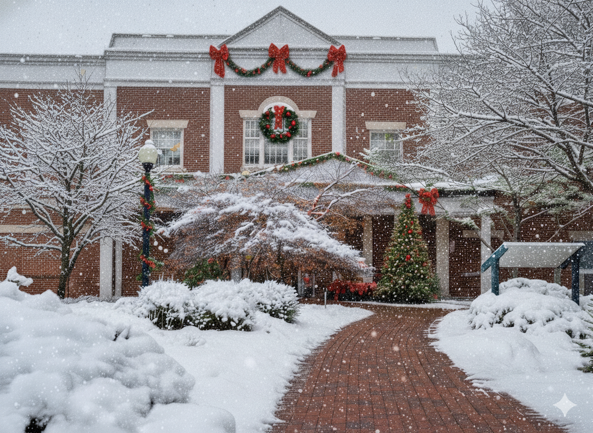 Winterized photo of the Bedford Library from the perspective of the Wharton Garden at Christmas.