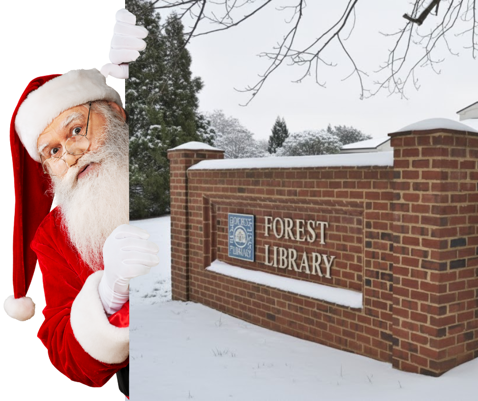 Image of Santa holding a photo of the Sign for the Forest Library.