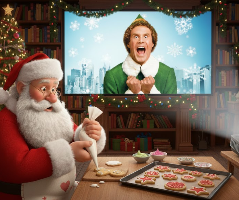 Santa decorating cookies in a library with ELF on the movie screen in the background.