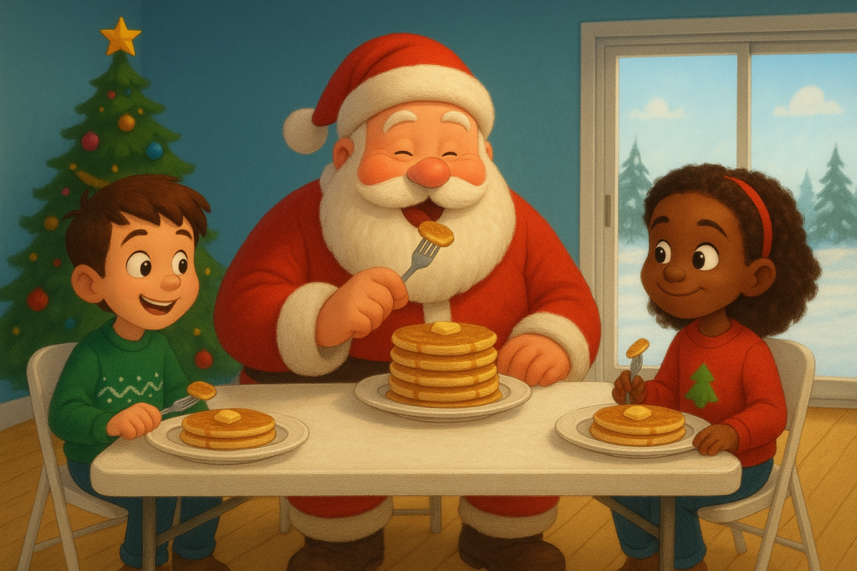 Santa eating pancakes with two kids.